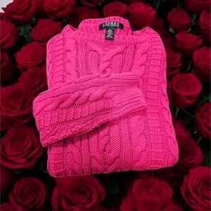 L-RL Women's Vibrant Pink Cable Knit Crewneck Sweater Size--L